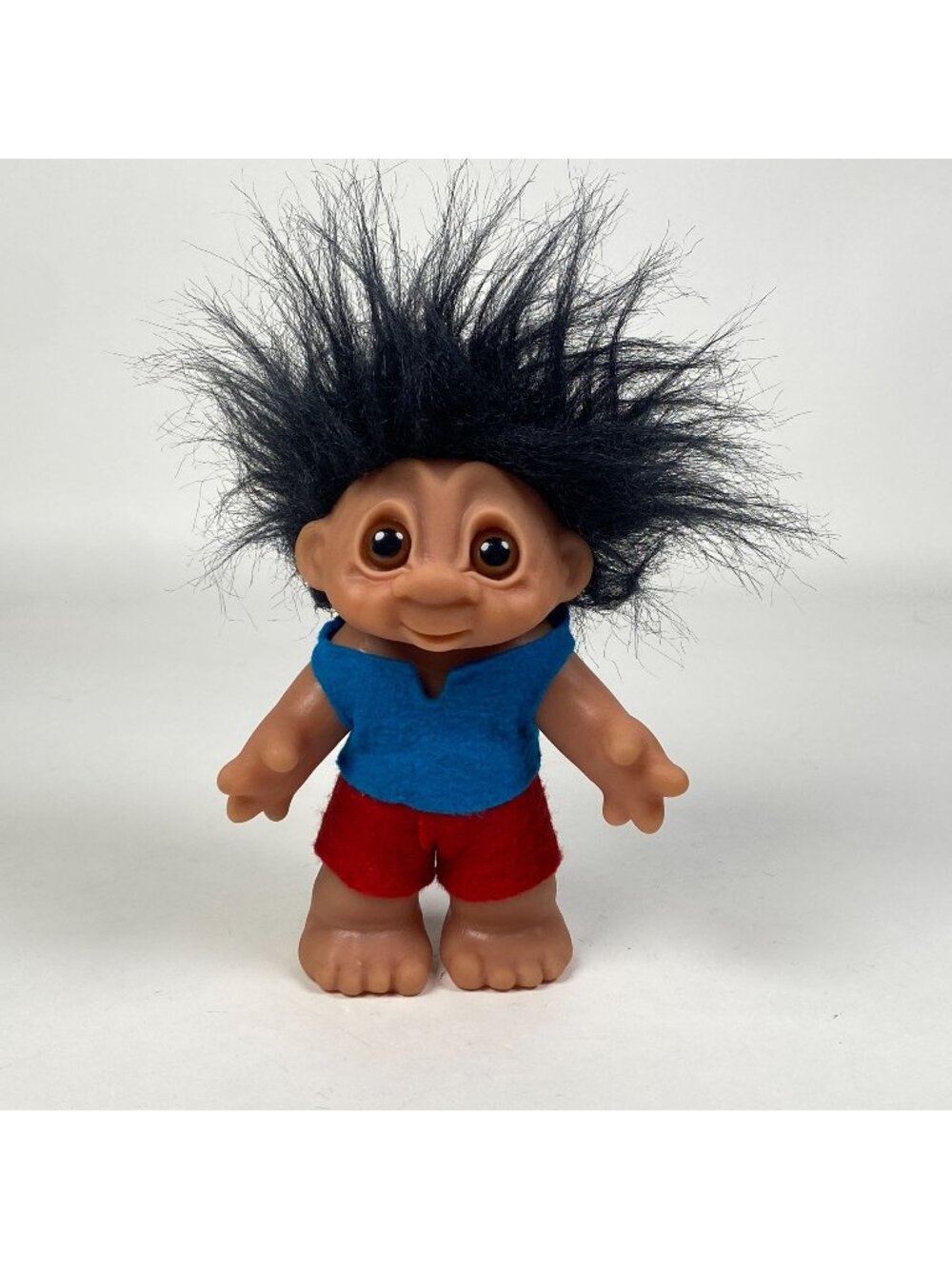 Vintage 1988 Dam Troll Doll Denmark Black Hair Felt Outfit Glass Eyes